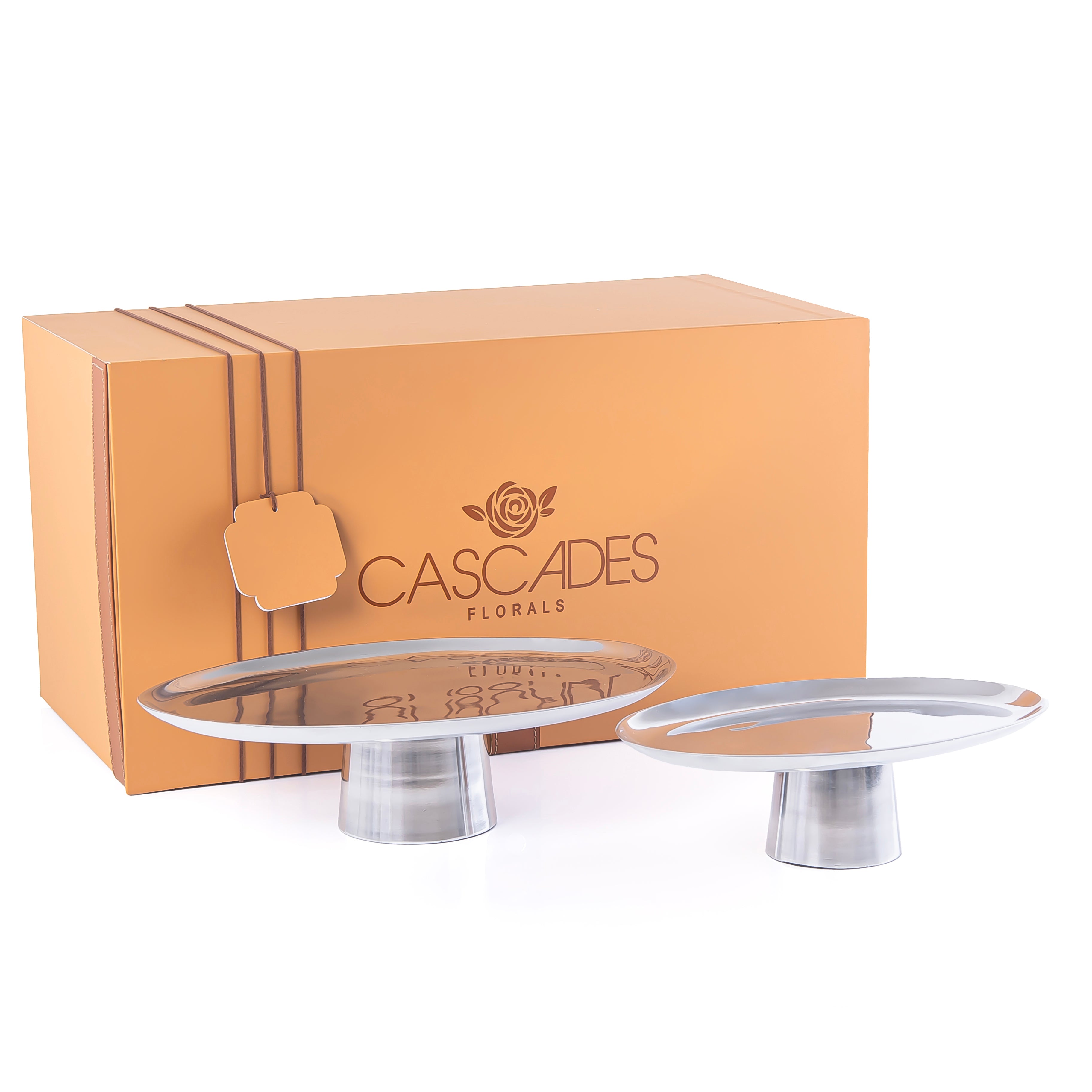 طقم 2 ستاندات تقديم بيضاوية من المعدن مع بوكس هدايا - فضي