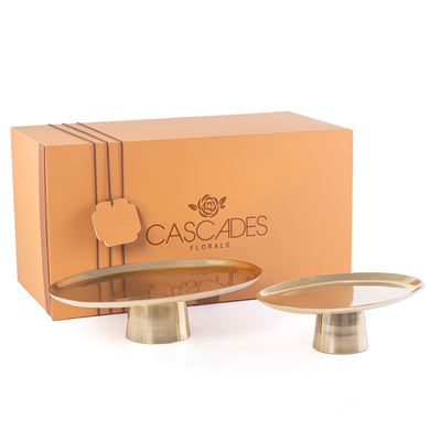 طقم 2 ستاندات تقديم بيضاوية من المعدن مع بوكس هدايا - ذهبي