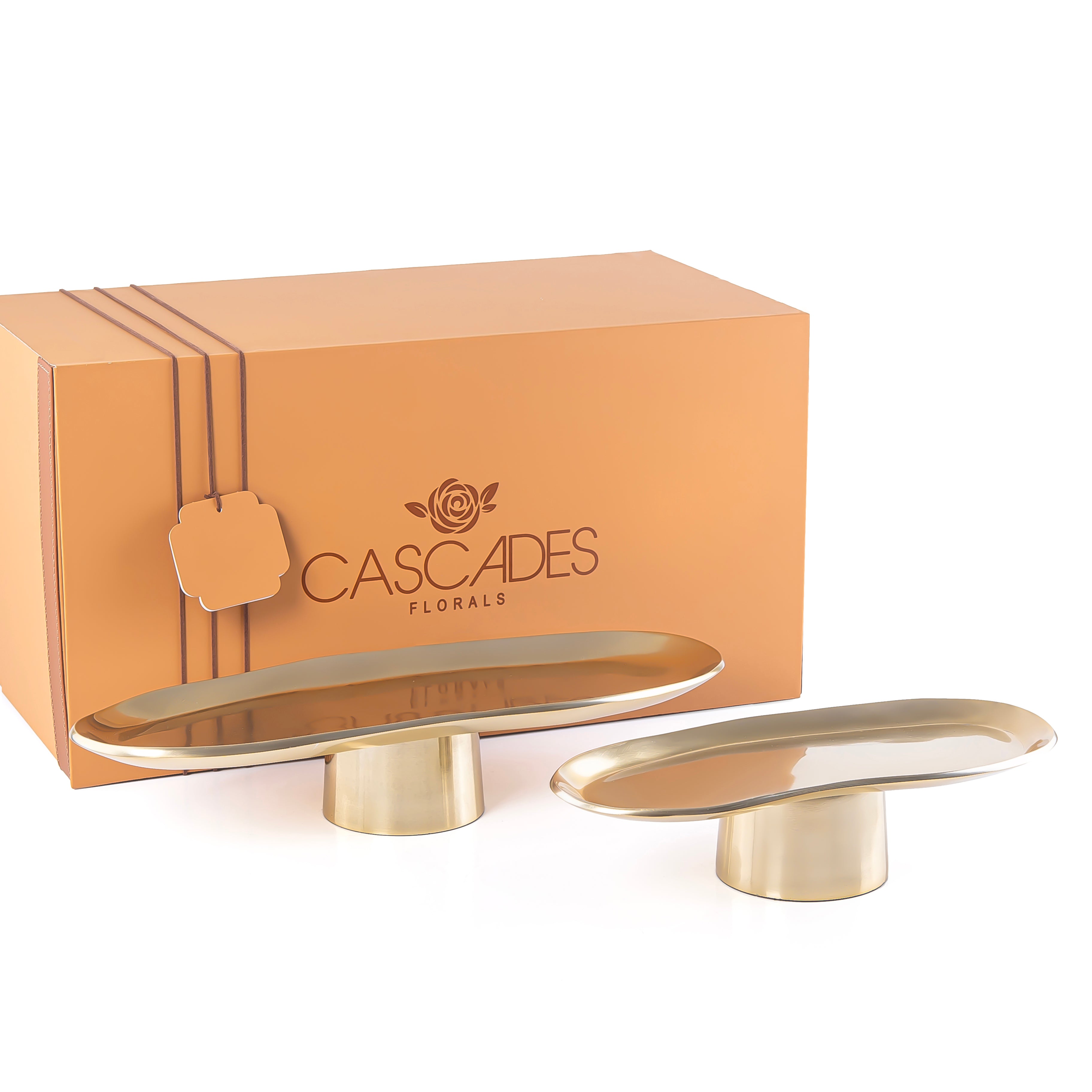 طقم 2 ستاندات تقديم بيضاوية من المعدن مع بوكس هدايا - ذهبي