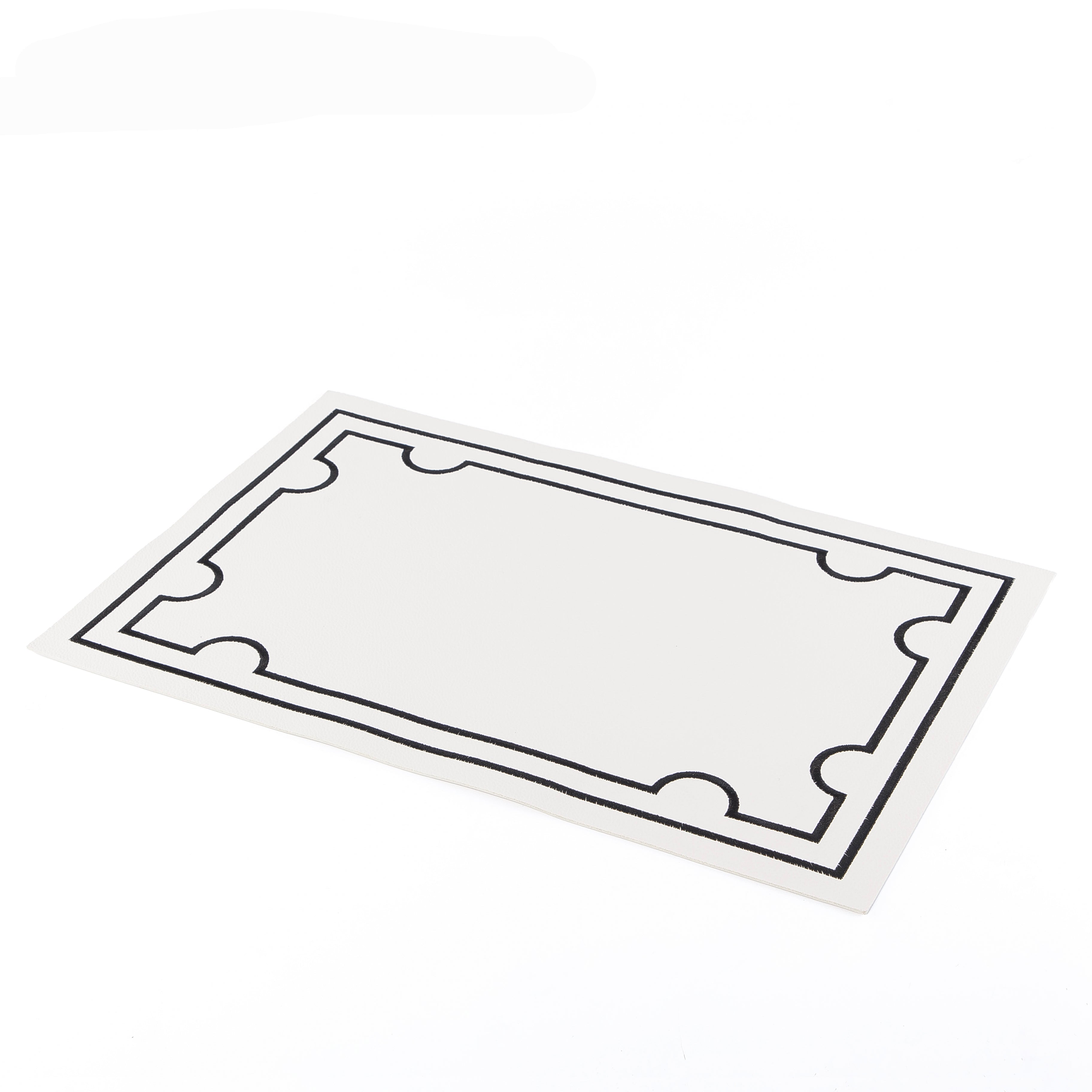 Set of 6 Rectangle Faux Leather Dining Placemat - White with black