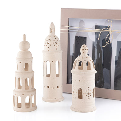 طقم ديكور خزفي (3 قطع) بأشكال مآذن مع بوكس هدايا مخملية وردية