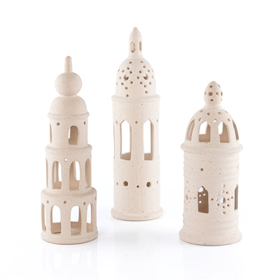 طقم ديكور خزفي (3 قطع) بأشكال مآذن مع بوكس هدايا مخملية وردية
