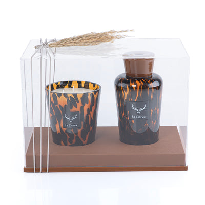 Tuscan leather Set of Candle & Diffuser- from la cierva With acrylic box