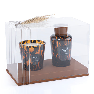 Tuscan leather Set of Candle & Diffuser- from la cierva With acrylic box
