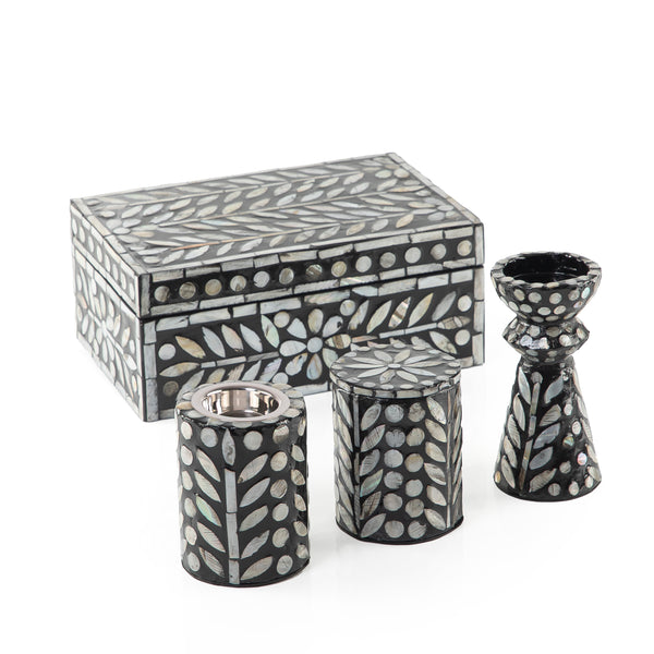 Set of mother pearl (mabkhar + bakhor box + candle holder ) in box - Black