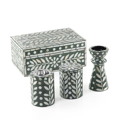Set of mother pearl mabkhar + bakhor box + candle holder ) in box - Green