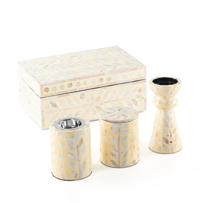 Set of mother pearl (mabkhar + bakhor box + candle holder ) in box - cream