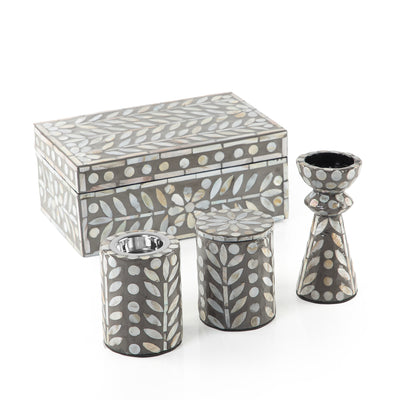 Set of mother pearl  (mabkhar + bakhor box + candle holder ) in box - Grey