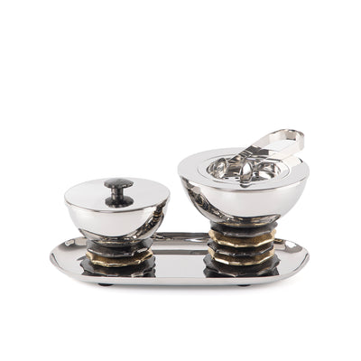 Metal set of 4 mabkhar with tray, bokhor box & tong with gift set