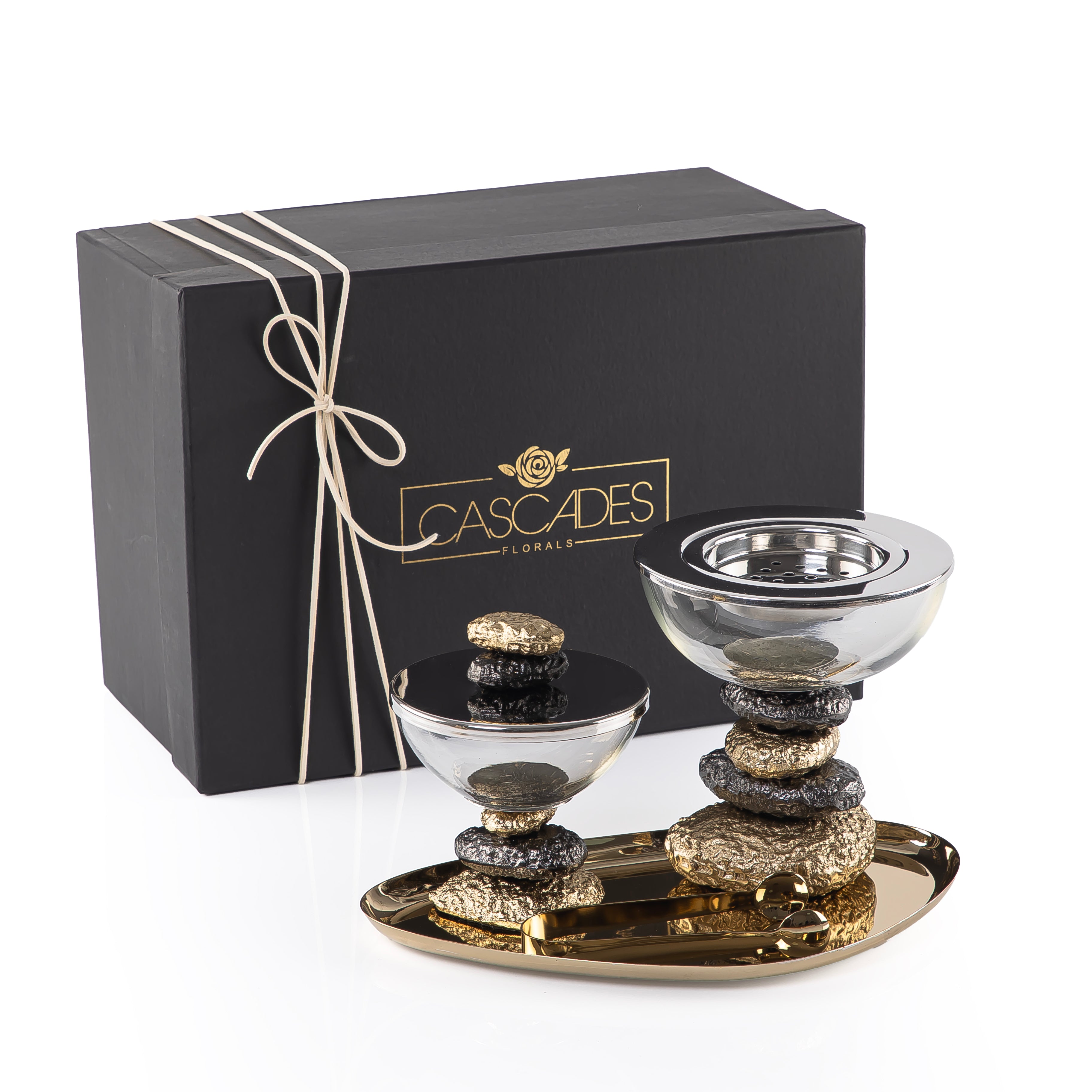 Metal set of 4 mabkhar with tray, bokhor box & tong with gift set