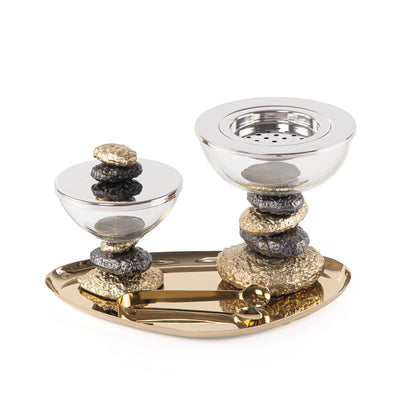 Metal set of 4 mabkhar with tray, bokhor box & tong with gift set