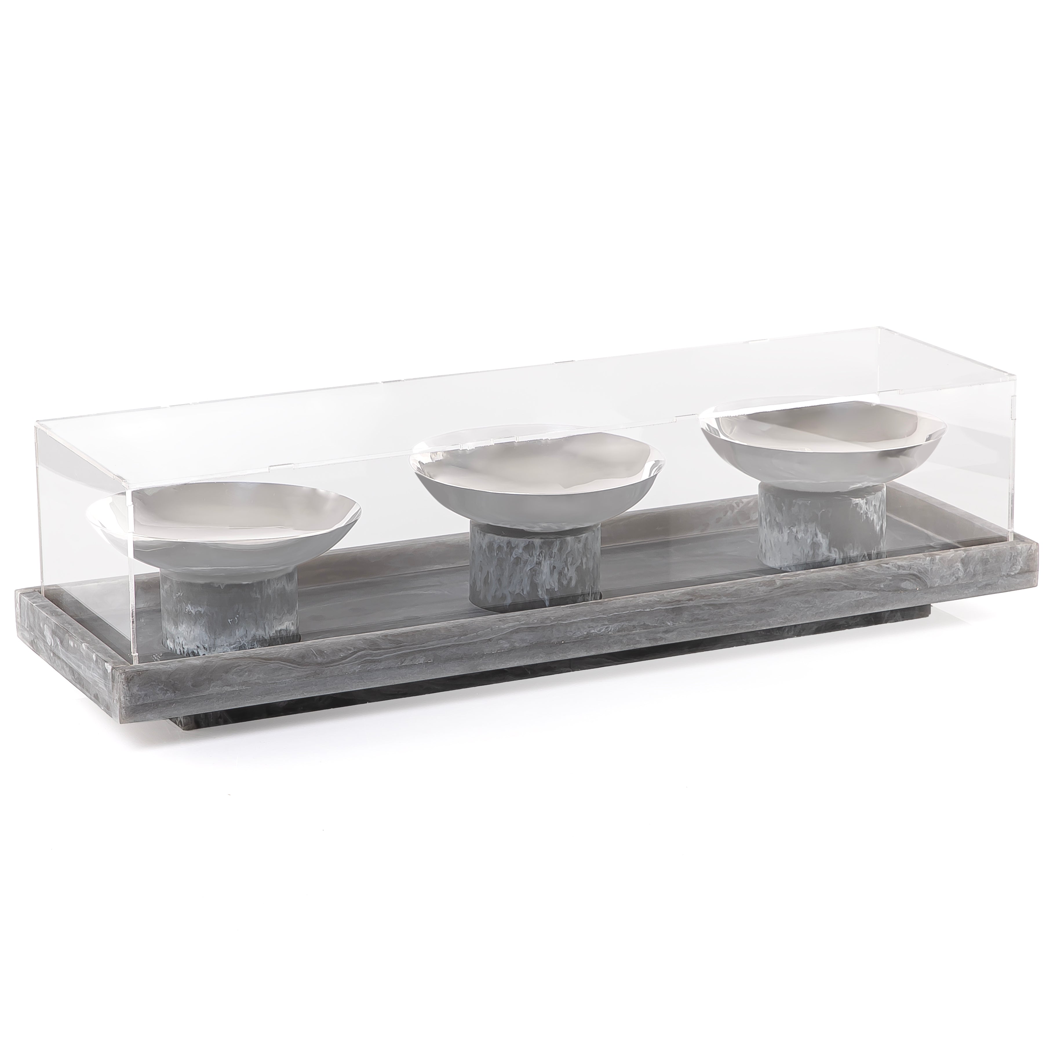 Set of 3 grey serving bowls set on tray with gift box
