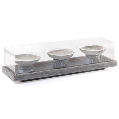 Set of 3 grey serving bowls set on tray with gift box