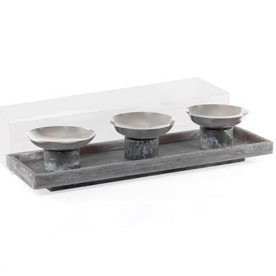 Set of 3 grey serving bowls set on tray with gift box