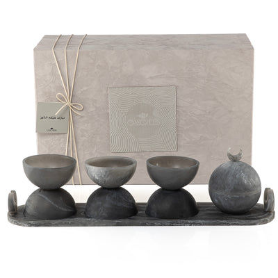 Set of 4 grey serving bowls set on tray with gift box