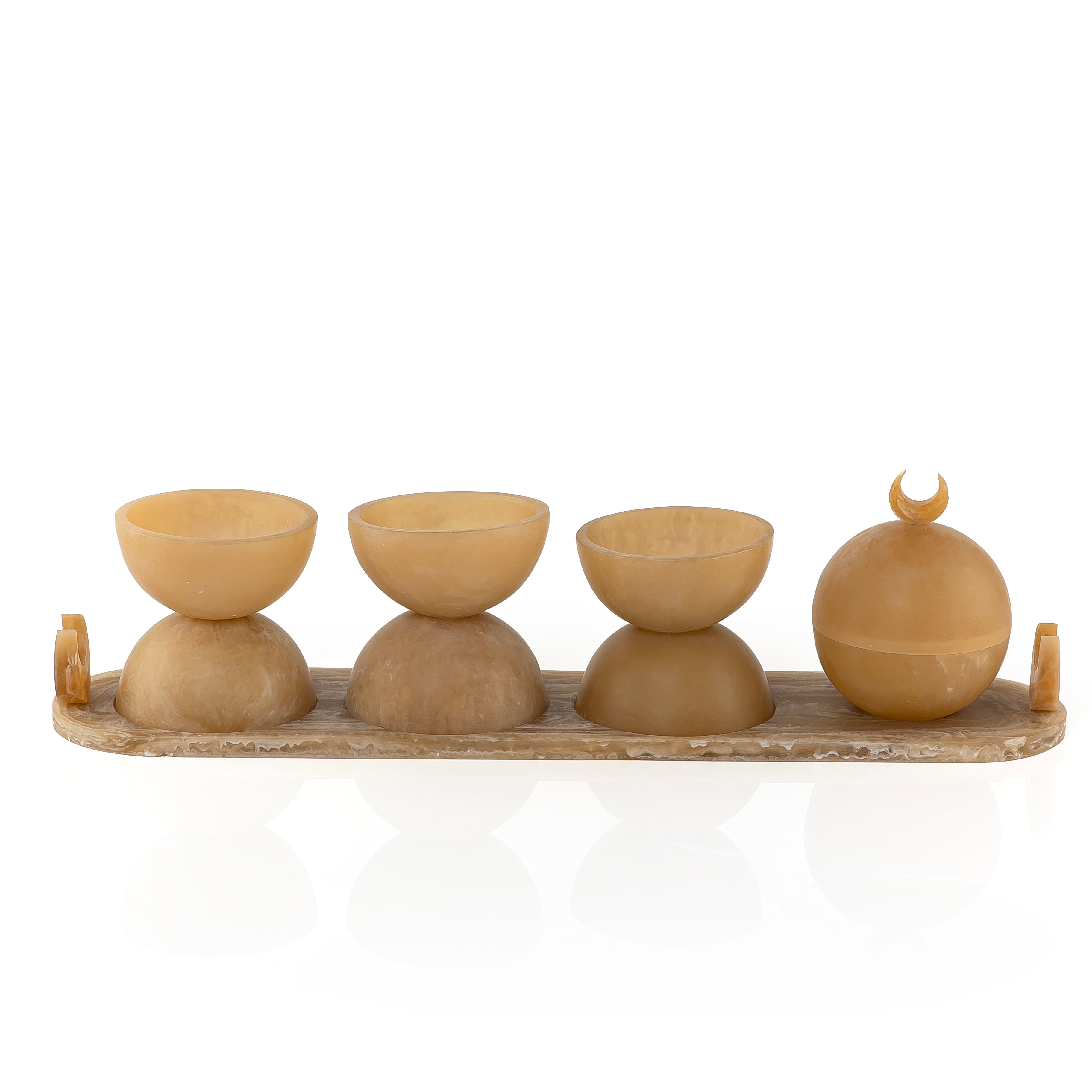 Set of 4 yellow serving bowls set on tray with gift box
