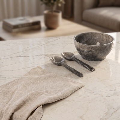 Set of grey salad bowl with 2 spoons with gift box