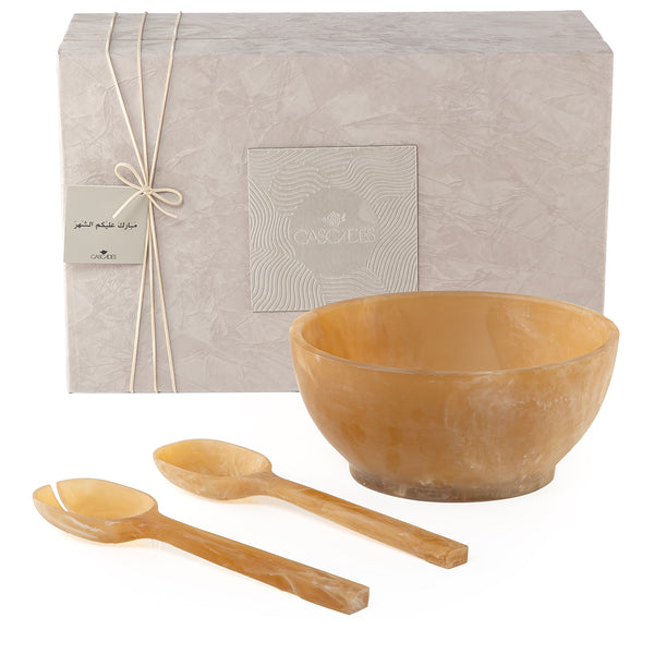 Set of yellow salad bowl with 2 spoons with gift box