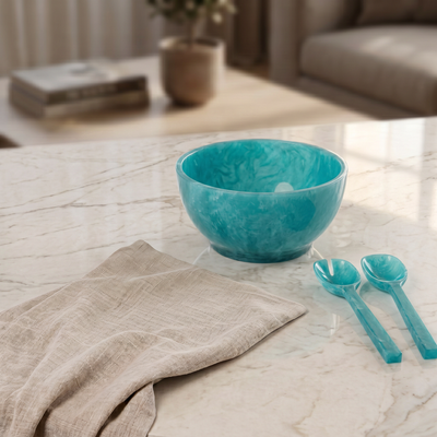 Set of blue salad bowl with 2 spoons with gift box