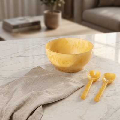 Set of yellow salad bowl with 2 spoons with gift box