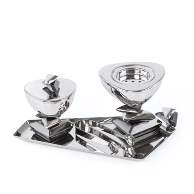 طقم مبخر معدني فاخر مكوّن من 4 قطع مع بوكس هدايا – فضي