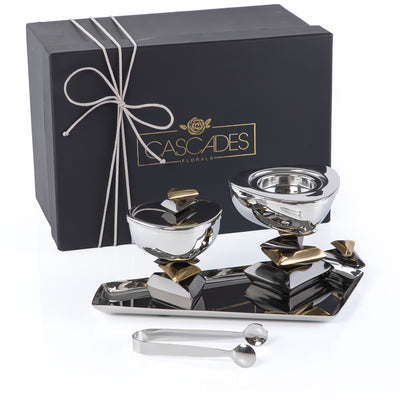 طقم مبخر معدني فاخر مكوّن من 4 قطع مع بوكس هدايا – فضي / أسود