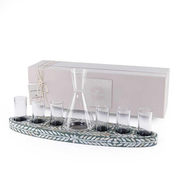 Set of Green Tray with Jar and 6 Glasses and gift box