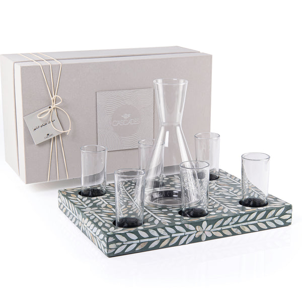 Set of Green Rectangular Tray with Jar and 6 Glasses with gift box