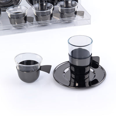 طقم مكون من 6 إستكانات و 6 فناجين قهوة مع 6 أطباق وبوكس أكريليك - أسود