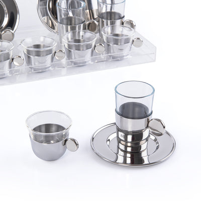 Set of 6 pcs of  Coffee Cups , 6 istikana With 6 Plates in Acrylic Box - Silver
