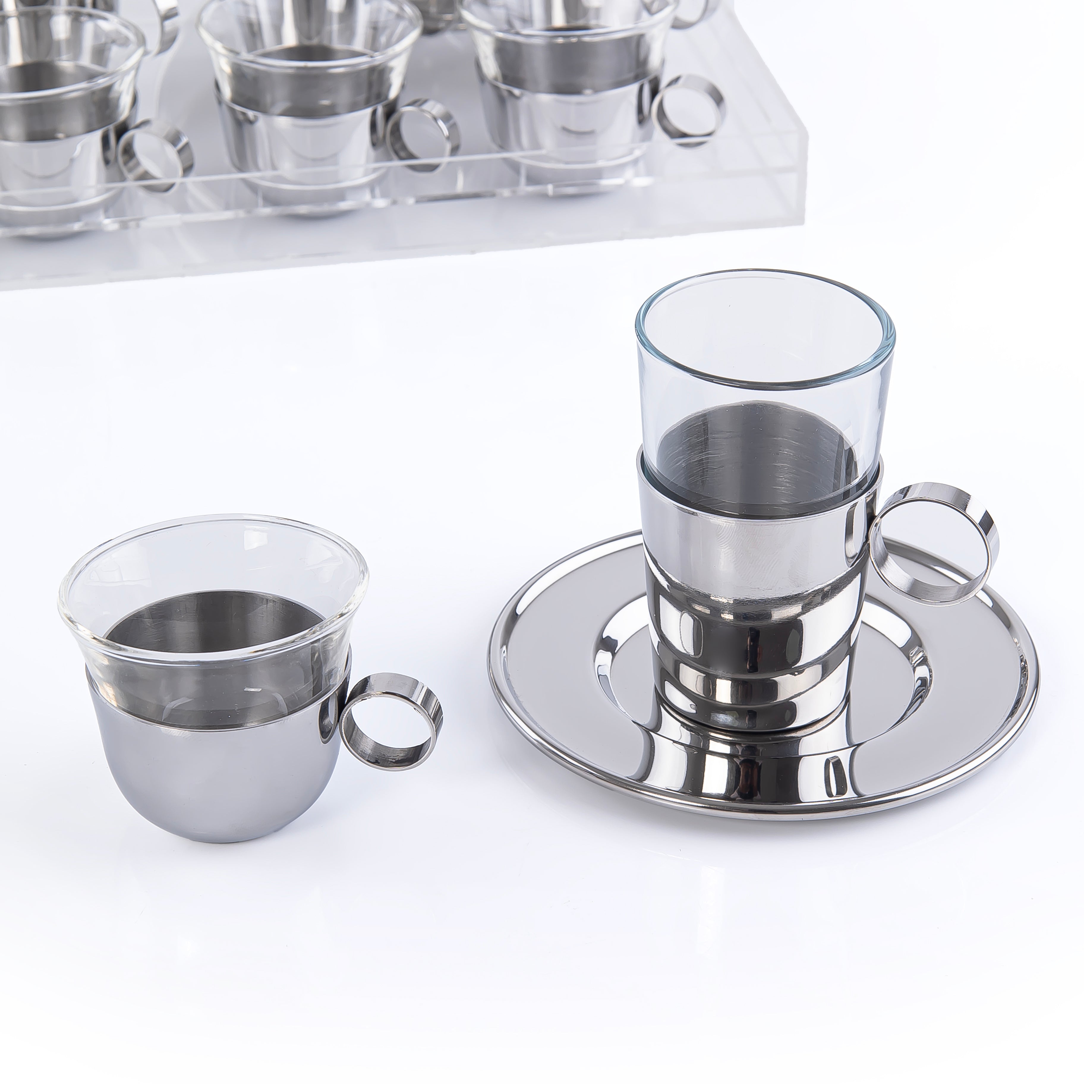 Set of 6 pcs of  Coffee Cups , 6 istikana With 6 Plates in Acrylic Box - Silver