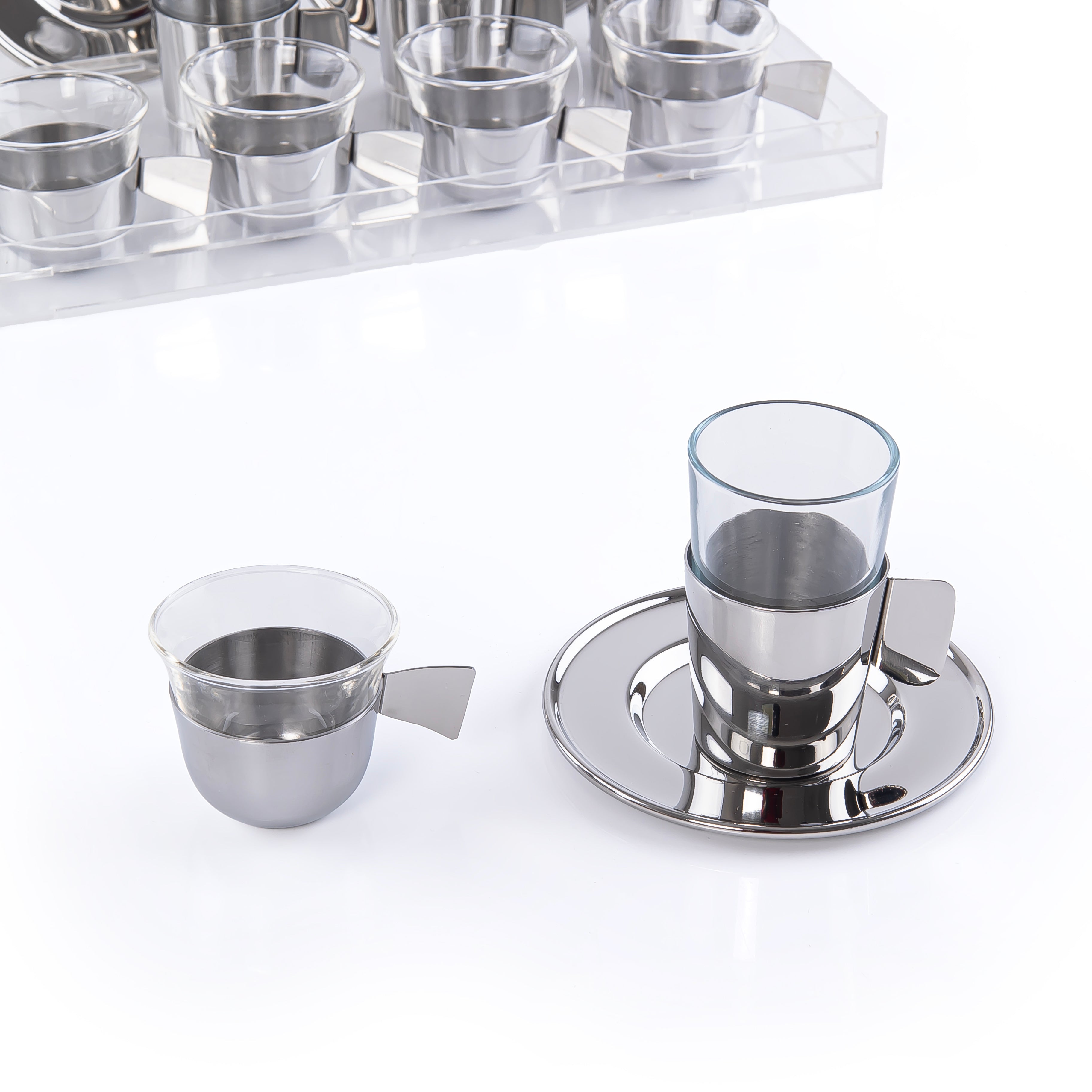 Set of 6 pcs of  Coffee Cups , 6 istikana With 6 Plates in Acrylic Box - Silver