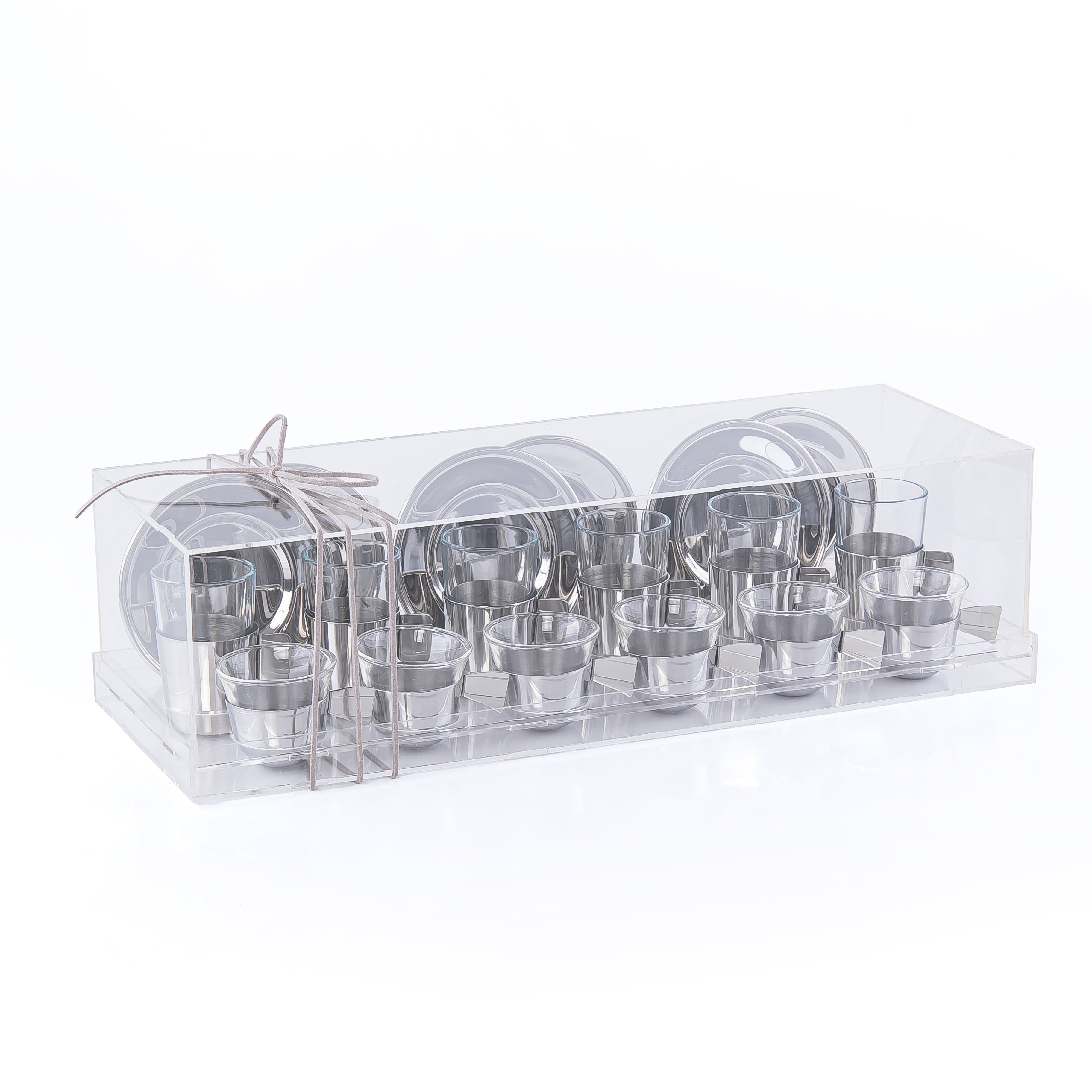 Set of 6 pcs of  Coffee Cups , 6 istikana With 6 Plates in Acrylic Box - Silver
