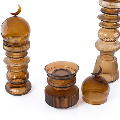 طقم زجاجي (2 قطعة ديكورعلى شكل مأذنة + وعاء للتمر ) مع بوكس هدايا - بني