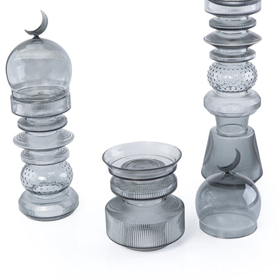 طقم زجاجي (2 قطعة ديكورعلى شكل مأذنة + وعاء للتمر ) مع بوكس هدايا - رمادي