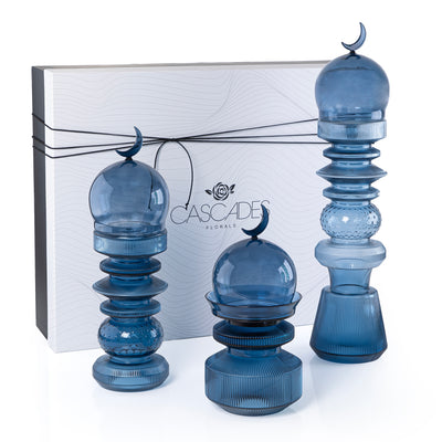 طقم زجاجي (2 قطعة ديكورعلى شكل مأذنة + وعاء للتمر ) مع بوكس هدايا - أزرق