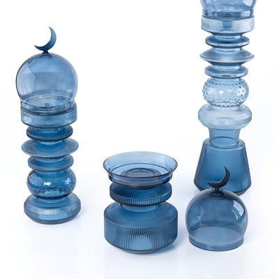 طقم زجاجي (2 قطعة ديكورعلى شكل مأذنة + وعاء للتمر ) مع بوكس هدايا - أزرق