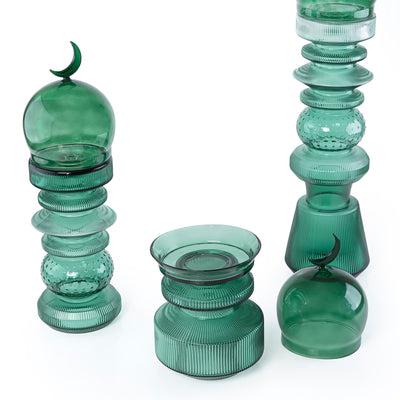طقم زجاجي (2 قطعة ديكورعلى شكل مأذنة + وعاء للتمر ) مع بوكس هدايا - أخضر