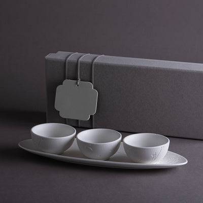 Set of 3 Matt White Ceramic Bowls with Plate With Gift Box