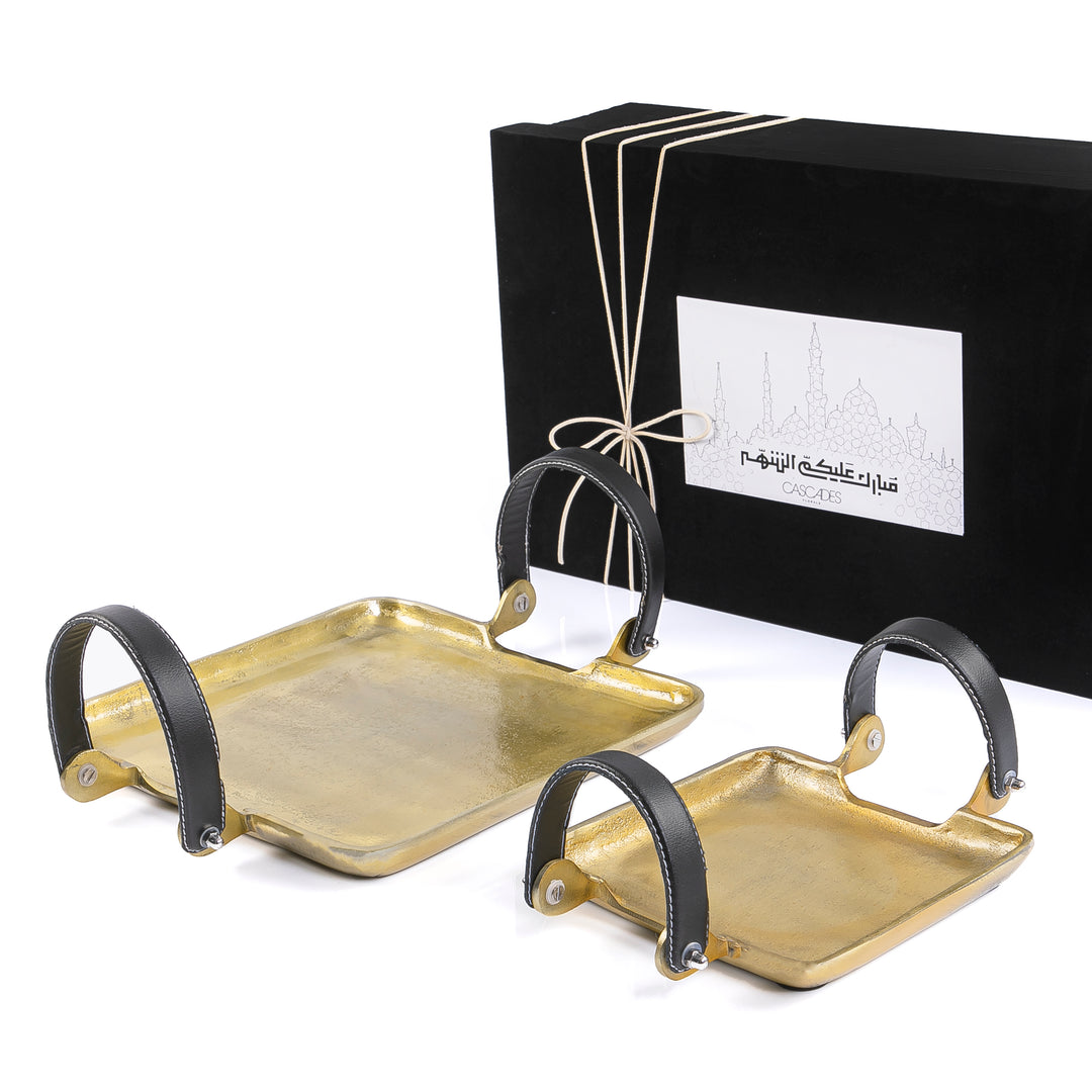 Metal tray with leather handle with gift box