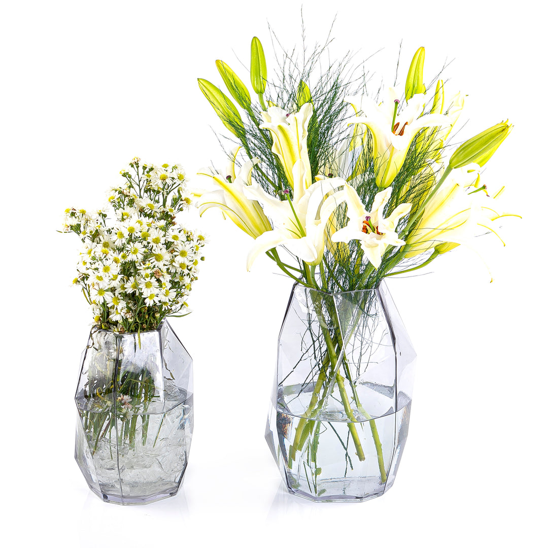 Set of yellow lilies and baby sunflower glass vase