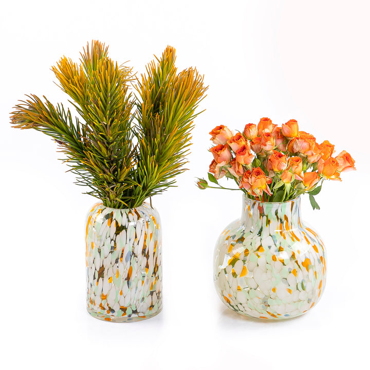set of orange roses and safari plant ceramic pot
