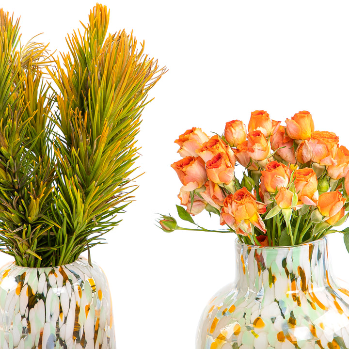 set of orange roses and safari plant ceramic pot
