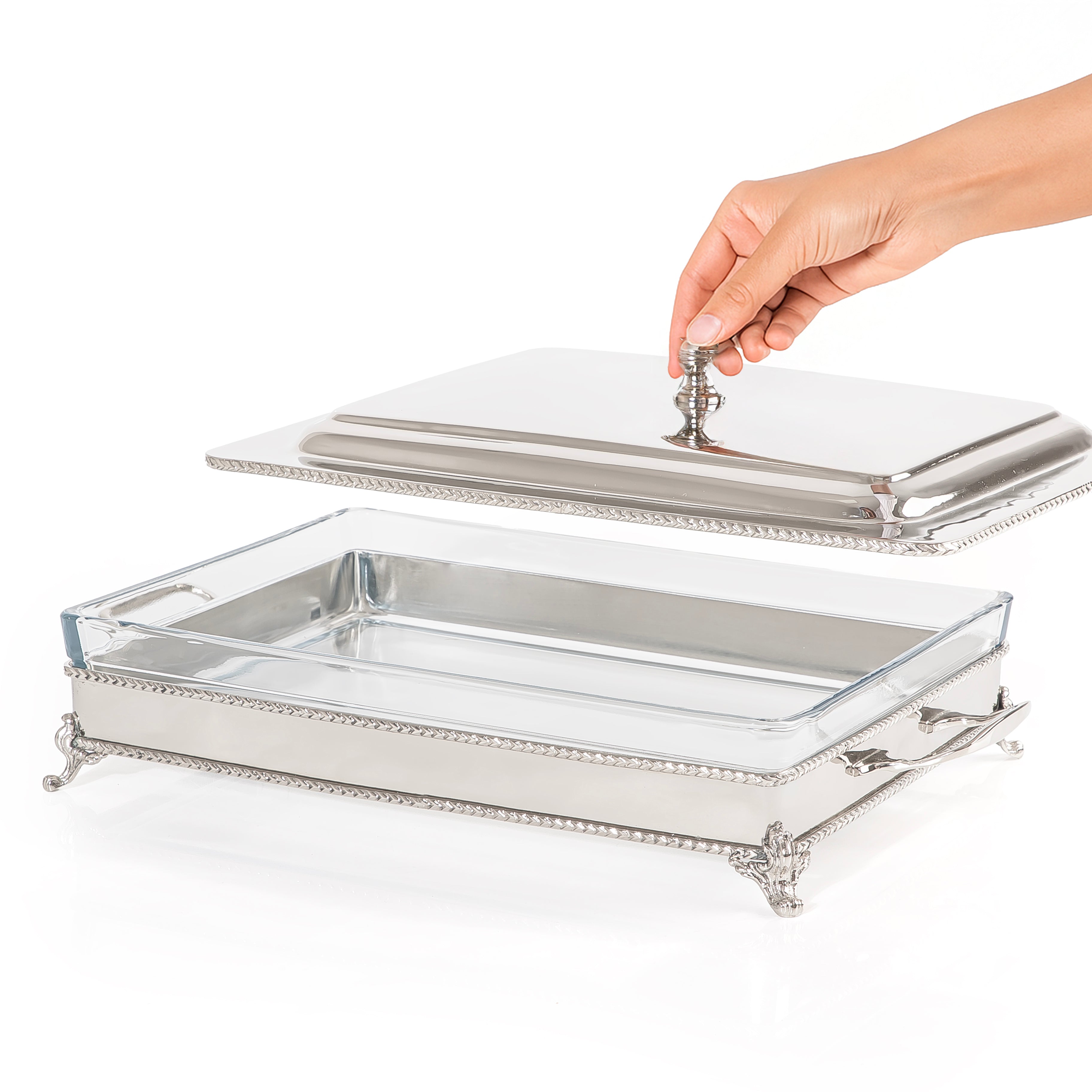 Rectangular Silver Stainless Steel Chafing Dish with Interior Glass Bowl - Large