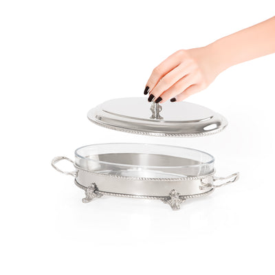 سخان طعام بيضاوي ستانلس ستيل فضي مع وعاء زجاجي داخلي – صغير