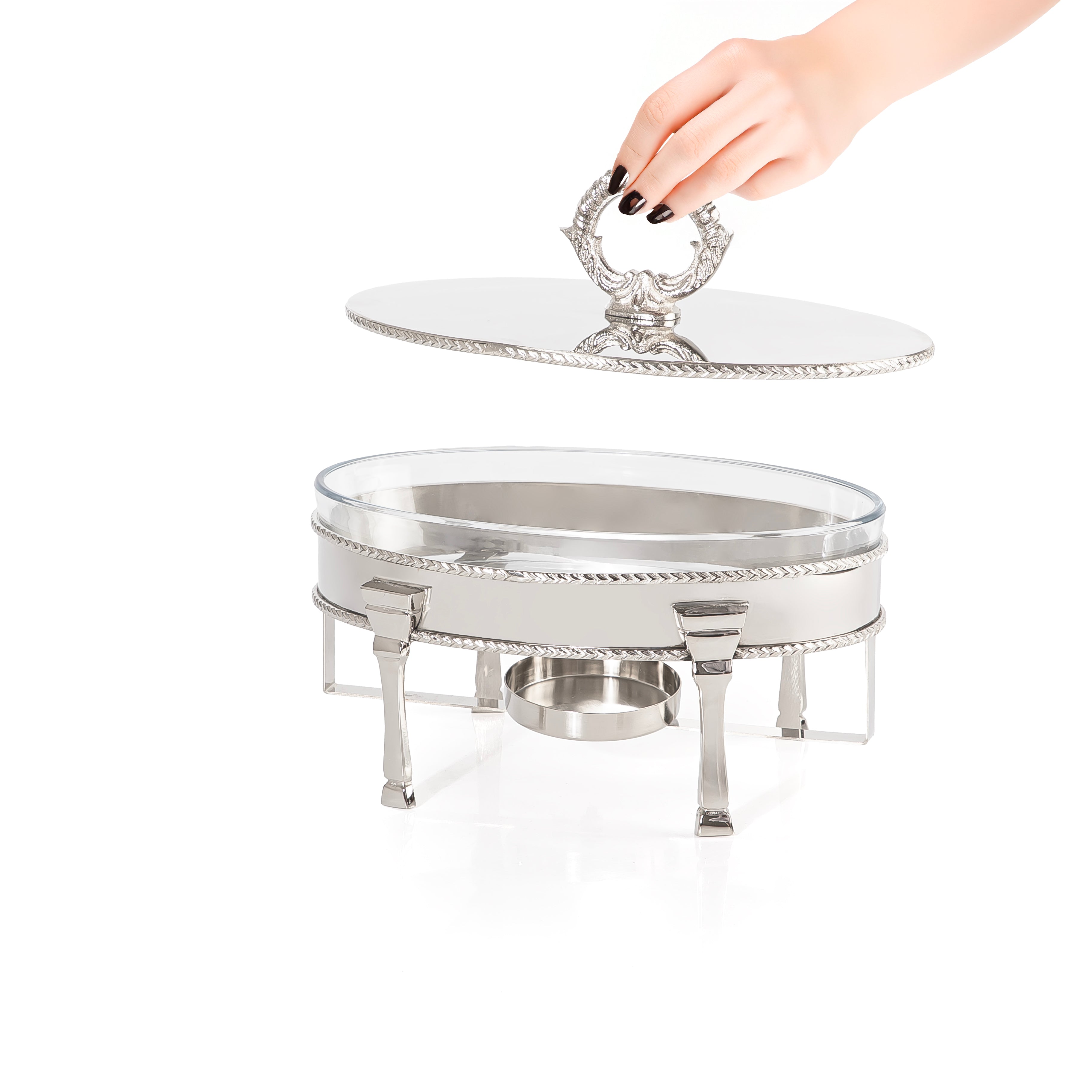 Oval Silver Stainless Steel Chafing Dish with Interior Glass Bowl and Handle - Small