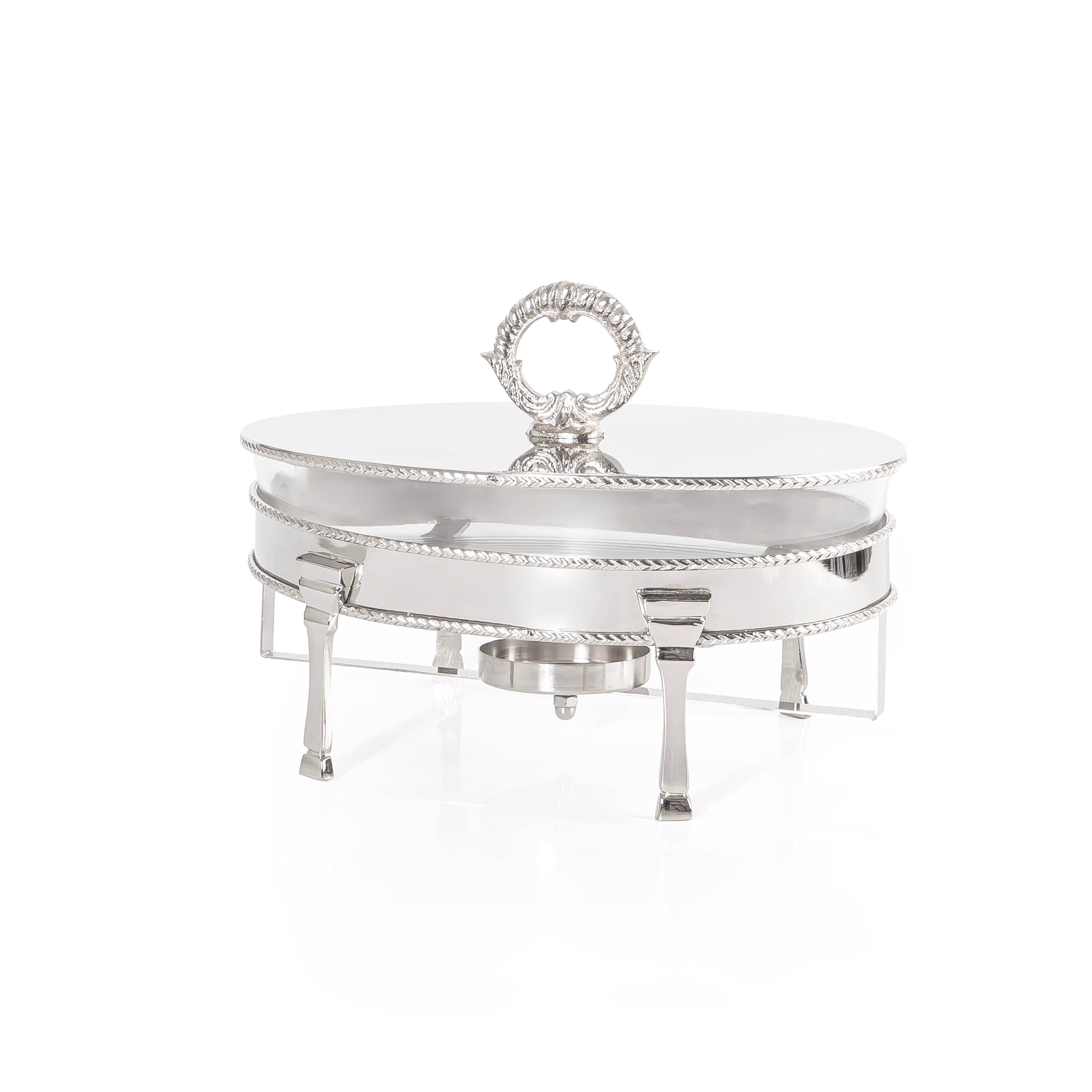 Oval Silver Stainless Steel Chafing Dish with Interior Glass Bowl and Handle - Large