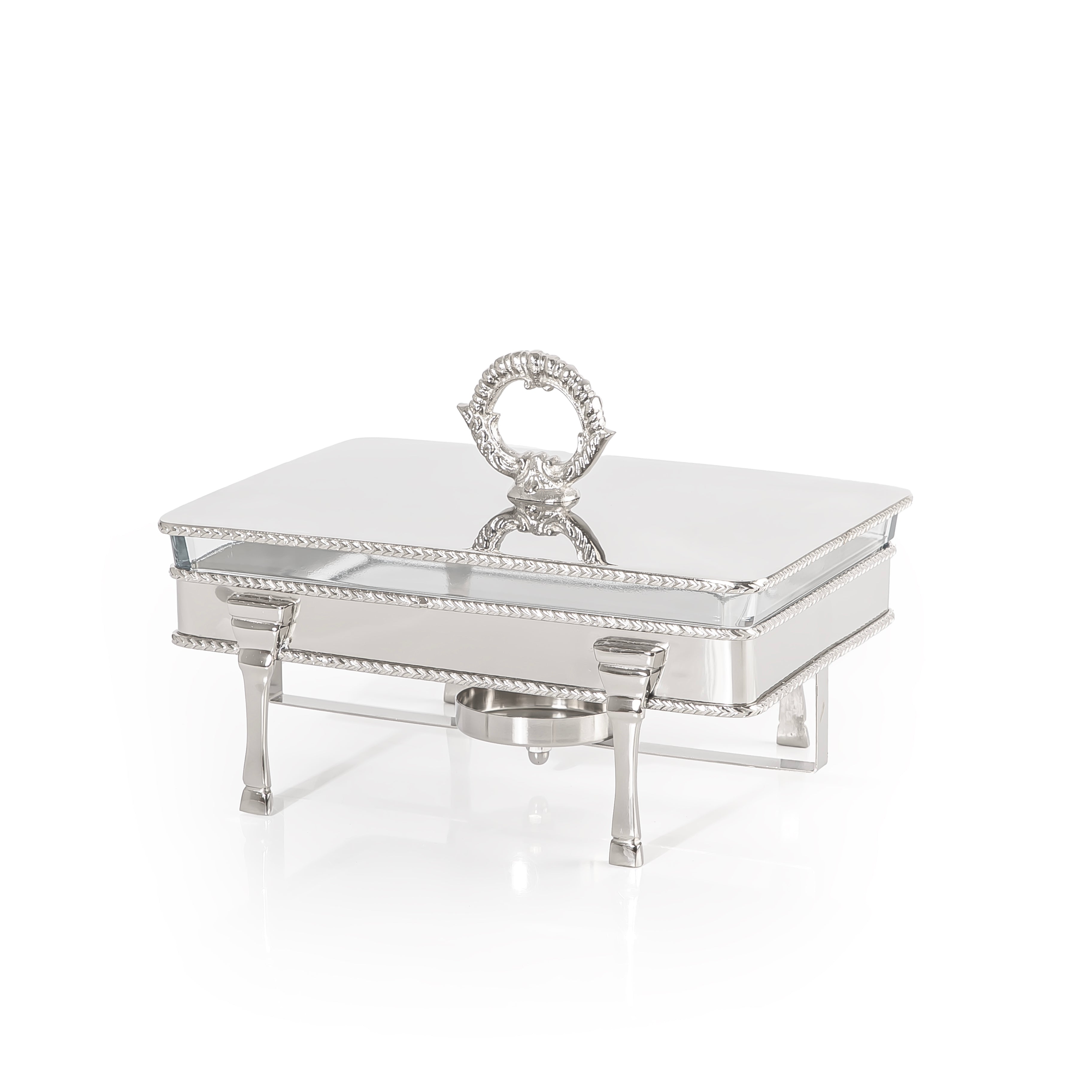 Rectangular Silver Stainless Steel Chafing Dish with Interior Glass Bowl and Handle - Small