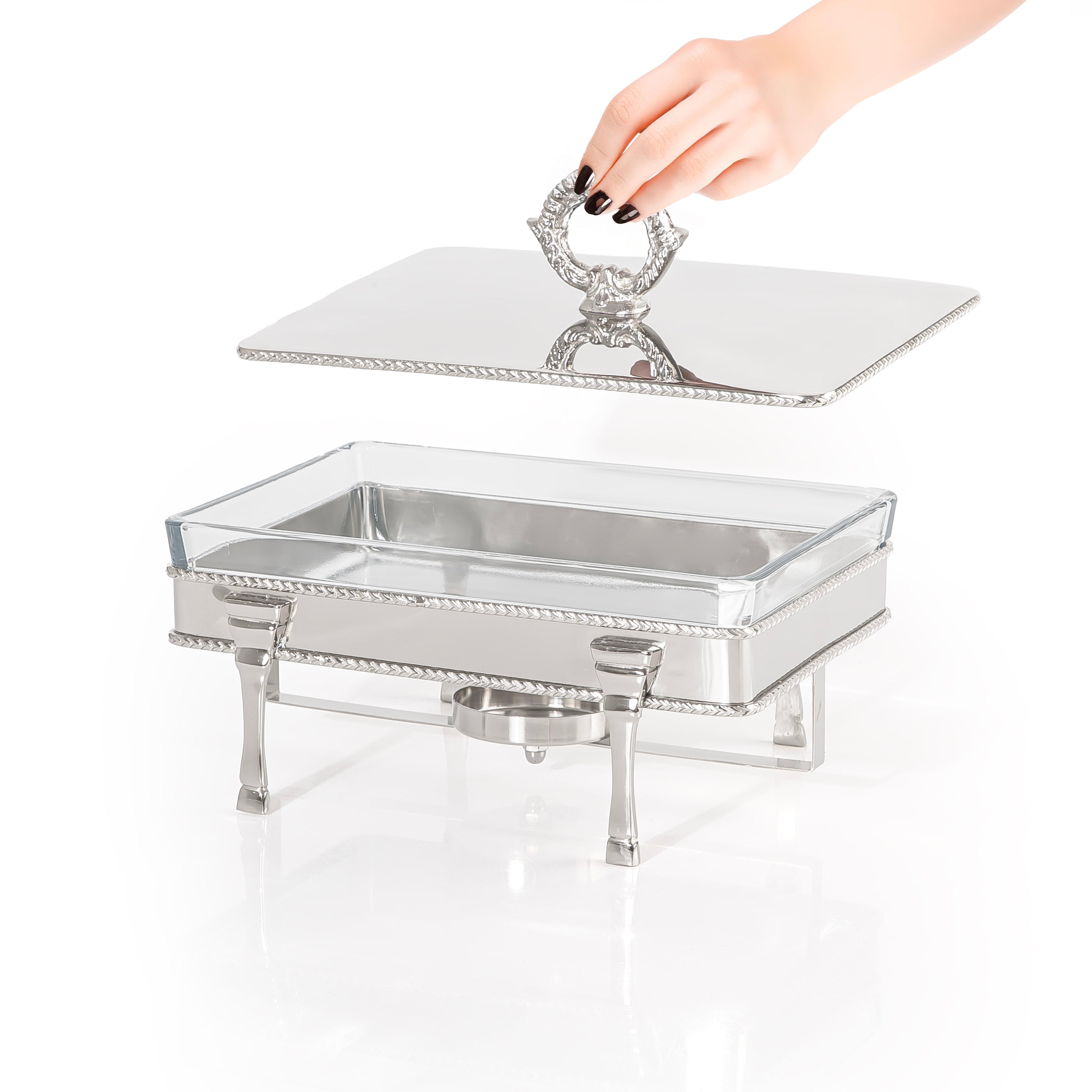 Rectangular Silver Stainless Steel Chafing Dish with Interior Glass Bowl and Handle - Small