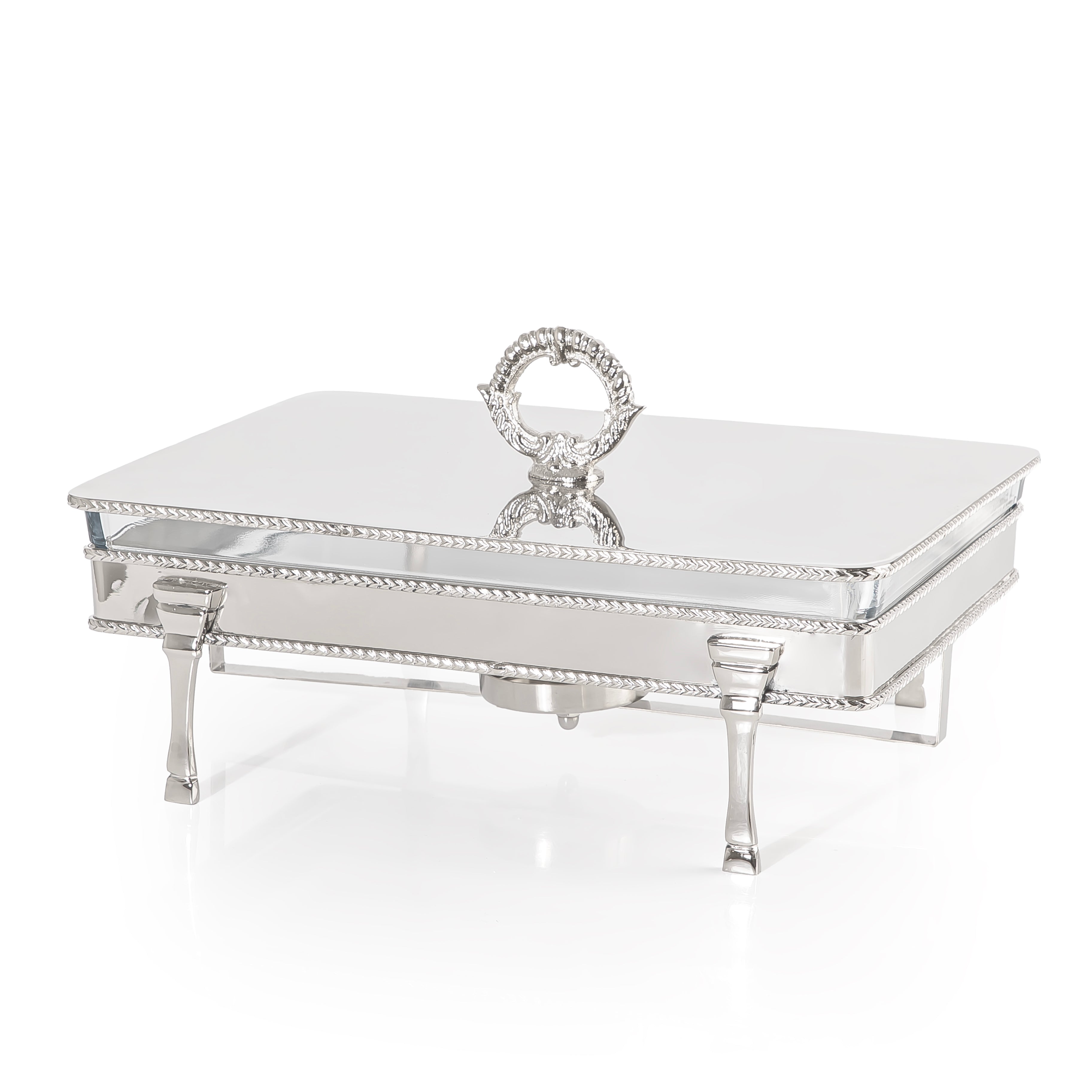 Rectangular Silver Stainless Steel Chafing Dish with Interior Glass Bowl and Handle - Large
